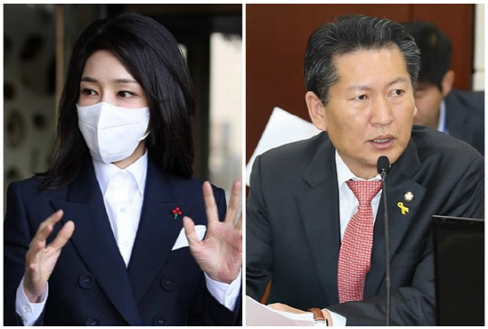 윤석열 대통령 부인 김건희 여사(왼쪽)와 정청래 더불어민주당 의원. <대통령실 제공, 연합뉴스>